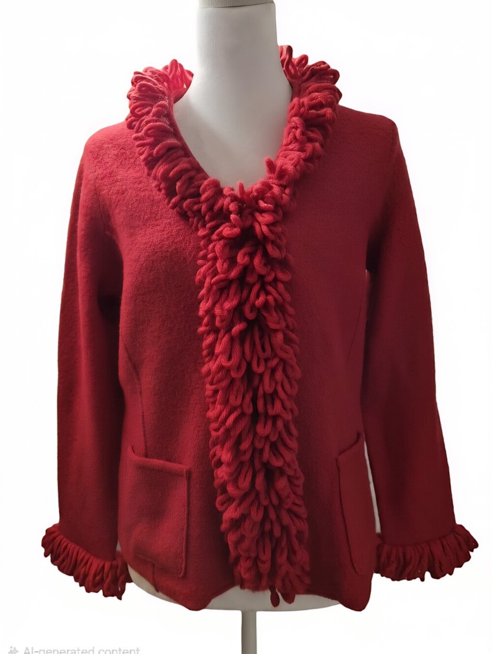 NOUVEAUX Petite Women’s Cardigan Sweater Red 100% Worsted Wool Fringe Pockets PP